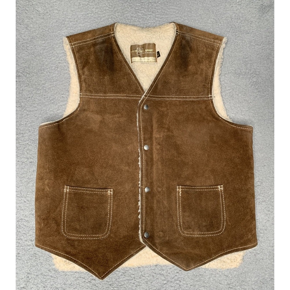 Vintage Sears Suede Sherpa Shearling Lined‎ Snap Button Vest Sz M Made in USA